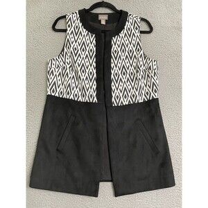 Chico’s Women’s Vest Open Front Black White Jacquard & Faux Suede Pockets Size S